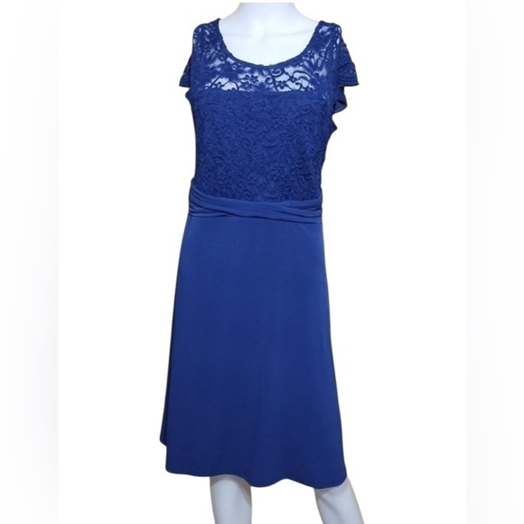 Motherhood Maternity Cap Sleeve Lace Inlet Dress Size M Royal Blue Back Tie - Picture 2 of 13